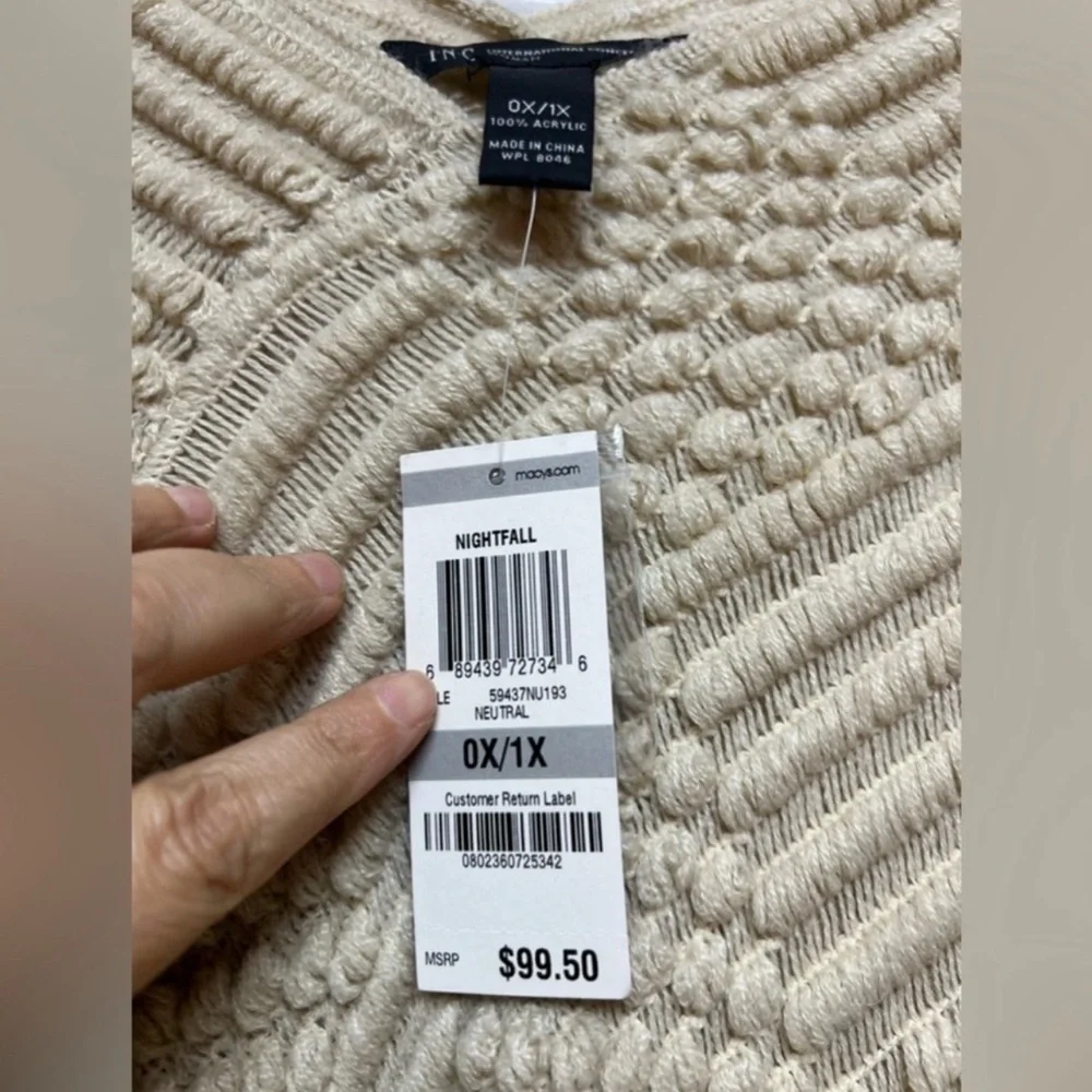 INC Int’l Concepts Cream Textured Knit Fringe Poncho Sweater - Cozy 0XL/1XL - Picture 5 of 5